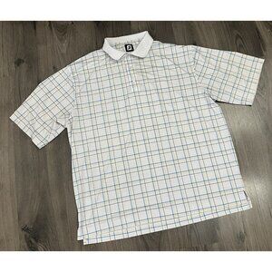 FootJoy Polo Shirt Plaid Stretch Athletic White Blue Yellow Mens 2XL Golf